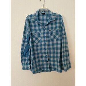 NRS Women Guide Shirt Sz XL Blue Plaid Nylon Collared Long Sleeve Snap Button-Up